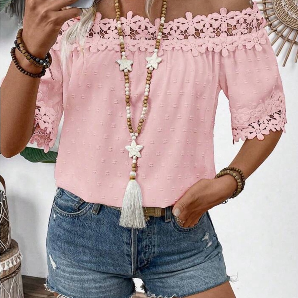 New Pink Off-Shoulder Lace Trim Top - Picture 2 of 4